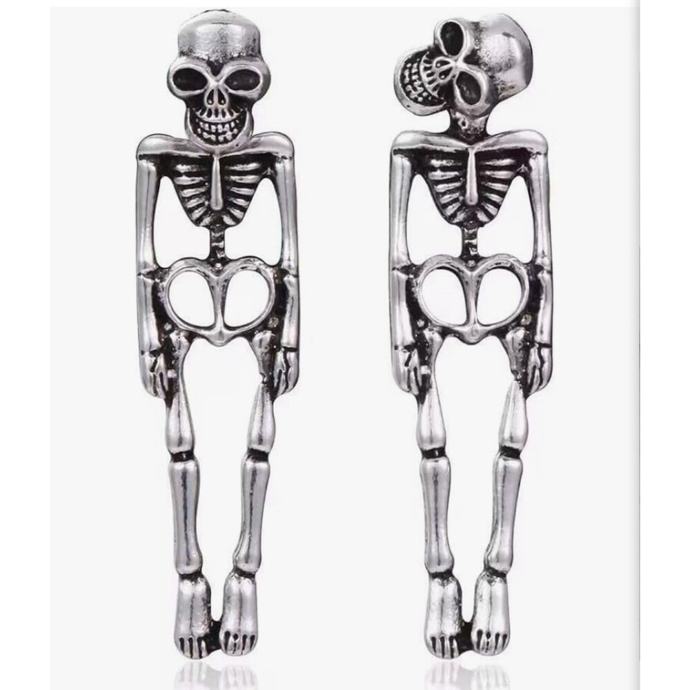 Skeleton Dangle Earrings Silver & Black Hypoallergenic NWT 1.69" x 0.39"